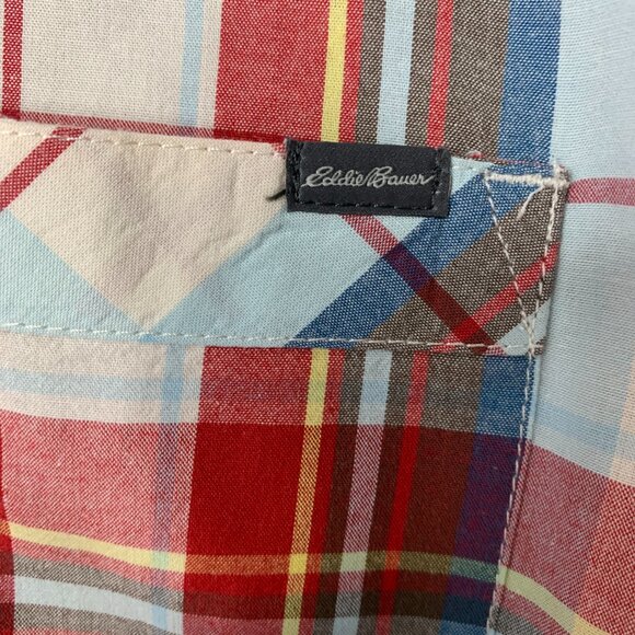 Eddie Bauer Men’s Red Multi-Colored 100% Cotton Checked Short Sleeve Shirt - Picture 3 of 10